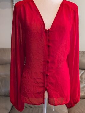 Sheer Red Long-Sleeve Button-Front Blouse With Lace Back Size L